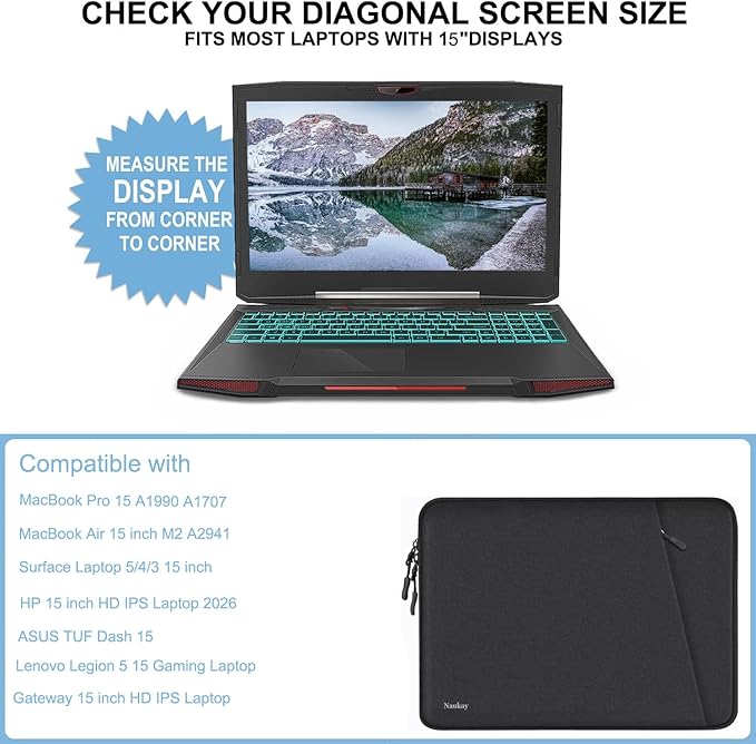 Laptop Sleeve Case 15 inch, Shockproof Protective Computer Cover with Accessories Pocket, Water Resistant Traveling Carrying Laptop Bag Compatible for Dell HP Acer Asus Lenovo, Black