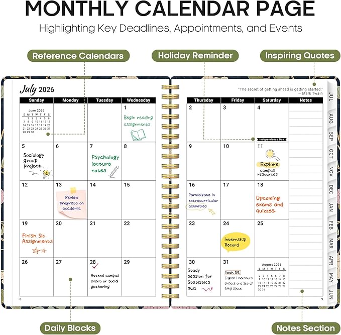 Planner 2026-2027, Academic Year Monthly and Weekly Calendar Planner, Jul 2026 - Jun 2027, Hardcover Teacher Student Planning Agenda book with Tabs, Perfect for School Office Supplies, 6.3" x 8.5" - Blush Vines