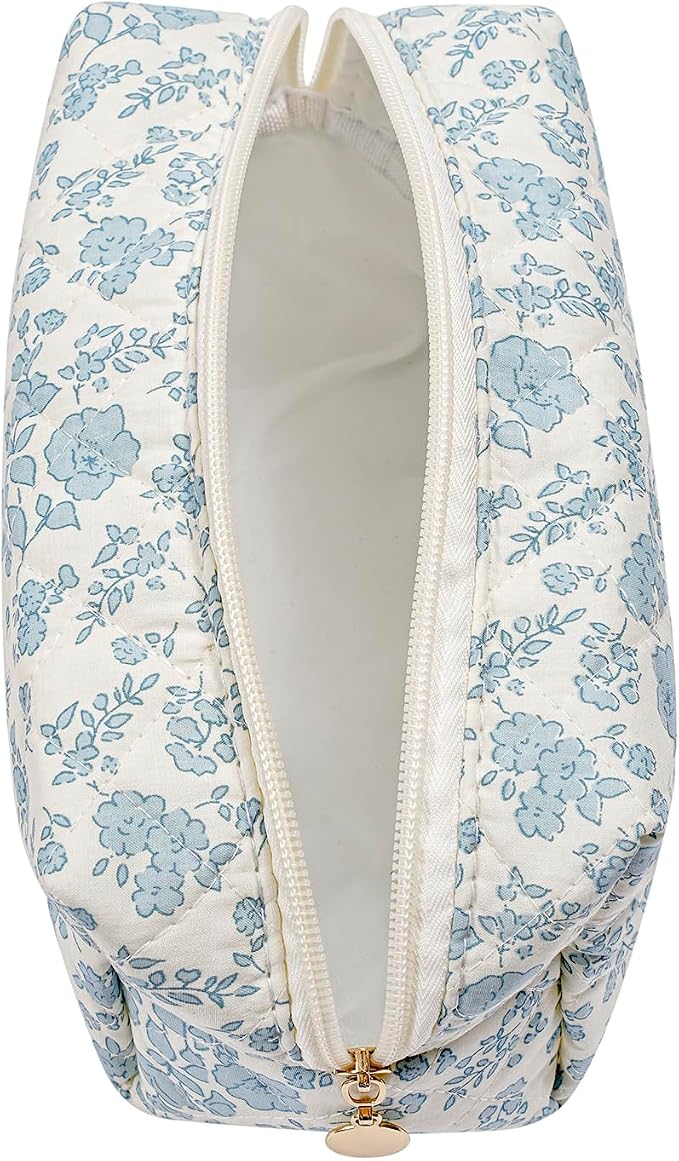 JOVAKIT Square Makeup Bag Cute Cosmetic Bag for Women, Floral Coquette Aesthetic Toiletry Bag, Zipper Make Up Pouch, Travel Make Up Organizer Bag (Blue+Big Purple Floral)