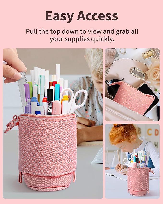 Sooez Standing Pencil Case, Cute Stand up Pencil Pouch, Telescopic Pen Pouch, Portable Pencil Holder, Kawaii Stand up Pencil Case, Spacious Pencil Pouch Bag for School Office Supplies, Pink