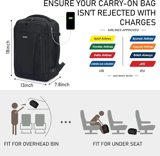 ECOHUB Travel Backpack 18x14x8 Frontier Airlines Personal Item Bag Black | Carry On Backpack with 13 Pockets, Casual Daypack for Men Women Airline Approved Water Resistant Back pack with Charging Port