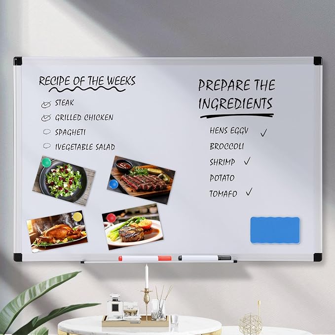 OLIXIS White Board, Dry Erase Board for Wall 36" x 24", Whiteboard with 1 Dry Eraser & 2 Multicolor Markers & 4 Magnetic Pins, Aluminium Frame for Home, School, Office, White