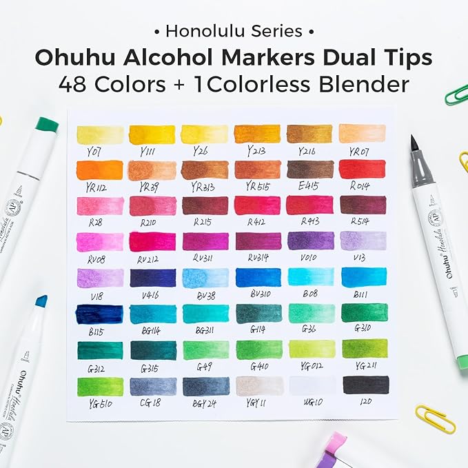 Ohuhu Alcohol Markers Brush and Chisel Tip: 48-Color Double Tipped Art Marker Set for Artist Adults Cozy Coloring Illustrations - Honolulu - Brush and Chisel Dual Tips- Refillable - AP Certificated