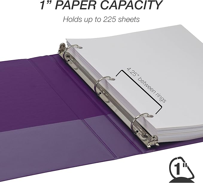 Samsill Durable 1 inch 3 Ring Binder, D Ring Binder, 100% Recycled Chipboard, Purple, 12 Pack