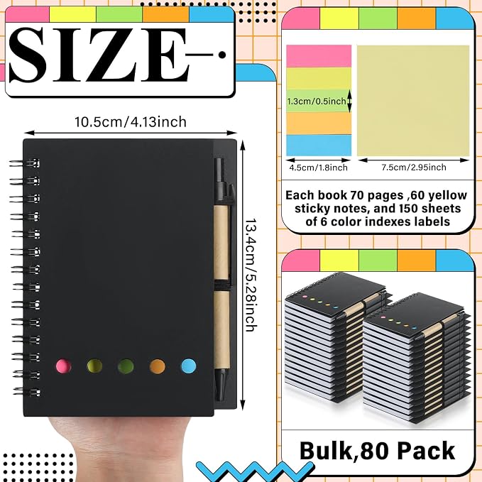 Qilery 80 Pack Lined Spiral Notebook Bulk Small Notepad and Pen Set