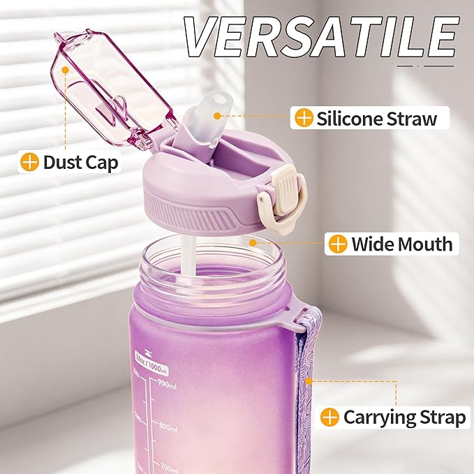 YC Kitchen Motivational Water Bottle with Time Marker- 32oz Water Bottles with Times to Drink, Leakproof & BPA Free Sports Water Bottle with Straw & Carry Strap for Fitness, Gym, and Outdoor Sports