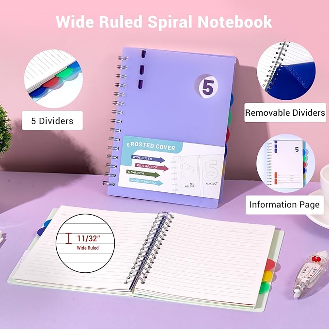 FLYING EAGLE 2 Pcs 5 Subject Notebook Wide Ruled, Small Spiral Notebook 5x7 for Work, 408 Pages Lined Journal with Removable Dividers, Small Notebooks for Work, Violet