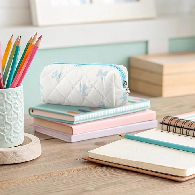 Sherr Coquette Bow Pencil Case Blue Bow Cute Pencil Pouch Soft Cotton Storage Bag Aesthetic Pattern Gift Makeup Pouch Cosmetic Bag for Women Adults