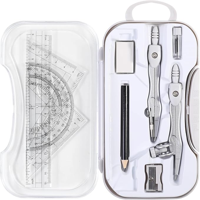 Vobou 10 Pieces Math Geometry Kit Set Student Supplies with Shatterproof Storage Box,Includes Rulers,Protractor,Compass,Eraser,Pencil Sharpener,Lead Refills,Pencil,for School and Drawings（Grey）