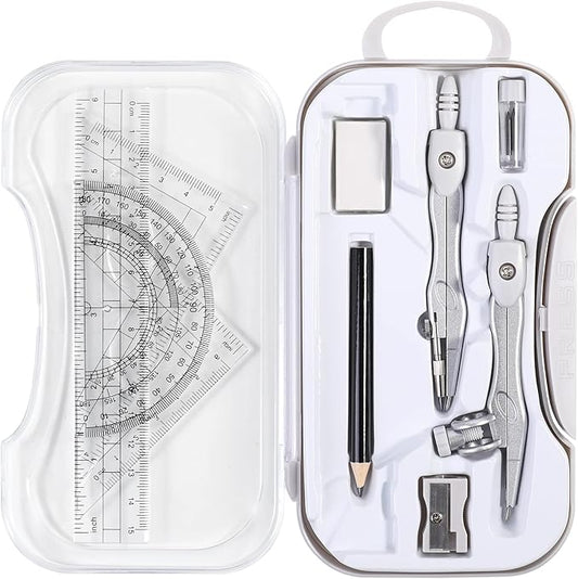 Vobou 10 Pieces Math Geometry Kit Set Student Supplies with Shatterproof Storage Box,Includes Rulers,Protractor,Compass,Eraser,Pencil Sharpener,Lead Refills,Pencil,for School and Drawings（Grey）