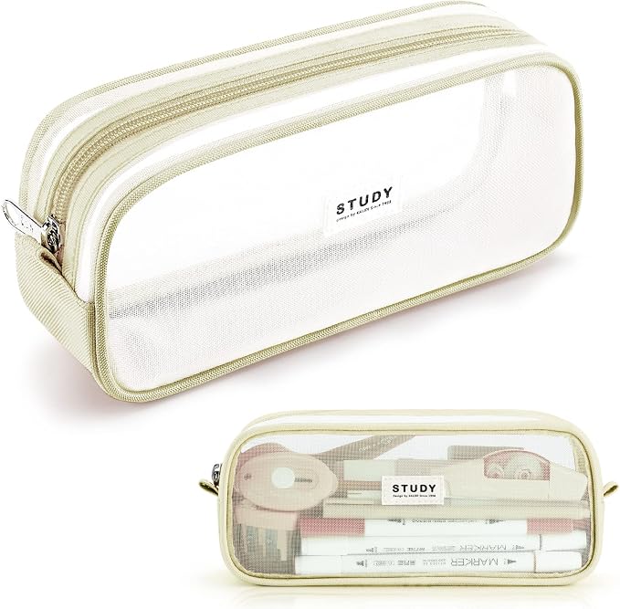 KALIDI Grid Mesh Pencil Case Pouch Large Capacity Pencil Bag with Zipper | Pencil Pouch Khaki Simple Stationery Bag Aesthetic Pen Bag for School Teen Girl Boy Multi-Purpose Bag for Office Men Women