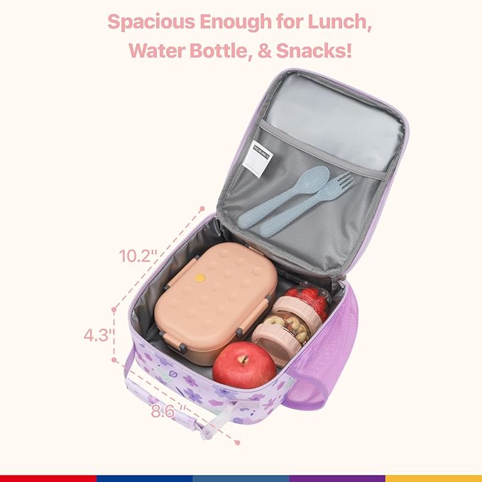 Bagseri Kids Lunch Box for Girls - Insulated Toddler Lunch Bag Fits Bento Box, Reusable Daycare Cooler Tote with Clip Handle, Water-Resistant Lining, Purple Floral