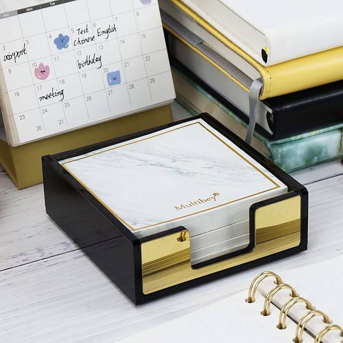 Acrylic Black and Gold Sticky Note Holder 3.7"¡Á3.7 Sticky Note Dispenser for Desk Cute Memo Notepad Holder for Office Supplies