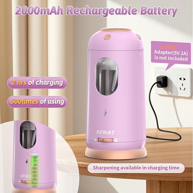 AFMAT Electric Pencil Sharpener, Auto in & Out, Fully Automatic Pencil Sharpener, Rechargeable Hands-Free Sharpeners for Jumbo & Colored Pencils (7-11.5mm), Good for Classroom/Home PSC8(Light Purple)