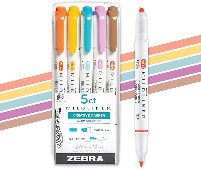 Zebra Pen Mildliner Dual-Tip Highlighter Set, Broad and Fine Point Tips, No Bleed, Ideal for Bible Highlighting, Journaling, Note-Taking and School Supplies, Assorted Warm Ink Colors, 5-Pack (78305)