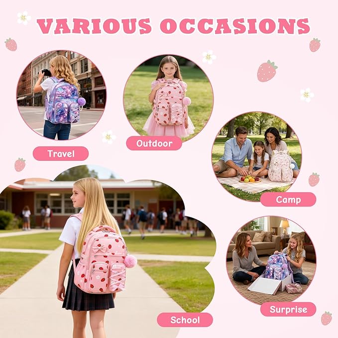 MOONBABY Kids Backpack for Girls, Fits 15.6 Inch Laptop Large Capacity School Bookbag, Girls Backpack with Lovely Pendant, Back to School Bag for Elementary Primary Students Teen Ages 6-12, Pink