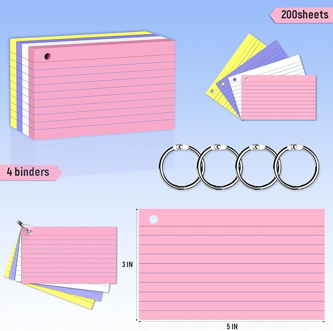 200 Count 3 x 5 Inch Colored Index Cards with Binder Rings, Lined & Blank Study Cards, Thick Cardstock Flash Cards for Students & Teachers, Color-Coded Notecards for School, Home, Work