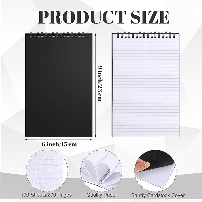 Fuyoooo 6 Pack Steno Pads Spiral 6 x 9 Inch Gregg Rule 100 Sheets Steno Notebook Top Spiral Notebook for Writing Steno Books for Office College Home Office (Black)