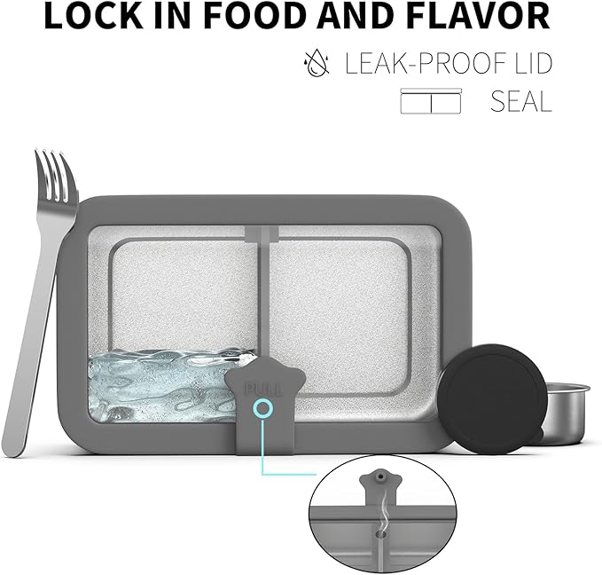 Bakpoco Stainless Steel Bento Box for Adult, 42oz Leak-Proof Metal Lunch Box Containers with Adjustable Divider, Microwave-Safe, Lunchbox with Glass Lid for Work Travel, Silver