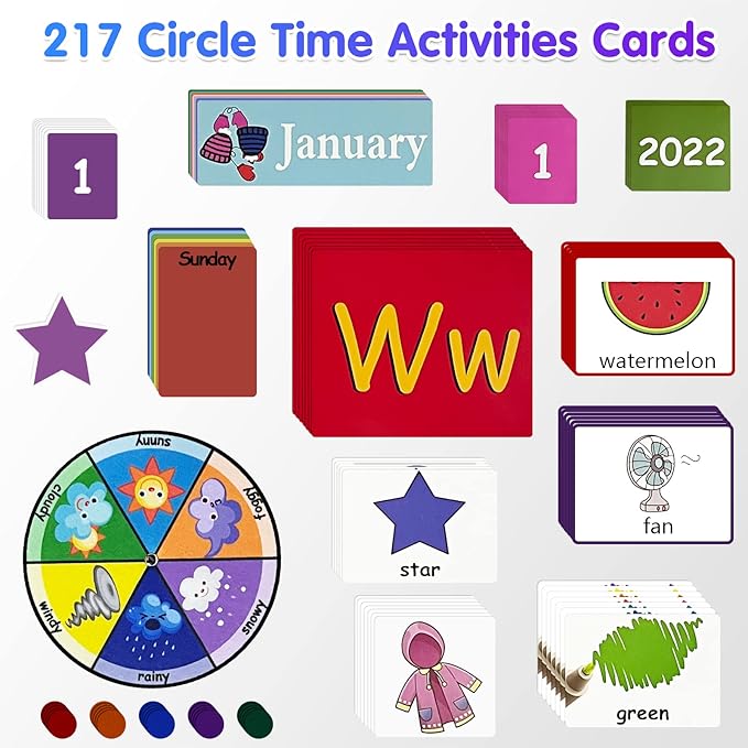 Auchq Circle Time Learning Center Pocket Chart, Heavy-Duty Kids Calendar for Classroom, Educational Pocket Chart Learning Calendar Weather Letter Counting Rhyme Color Shape(Black)