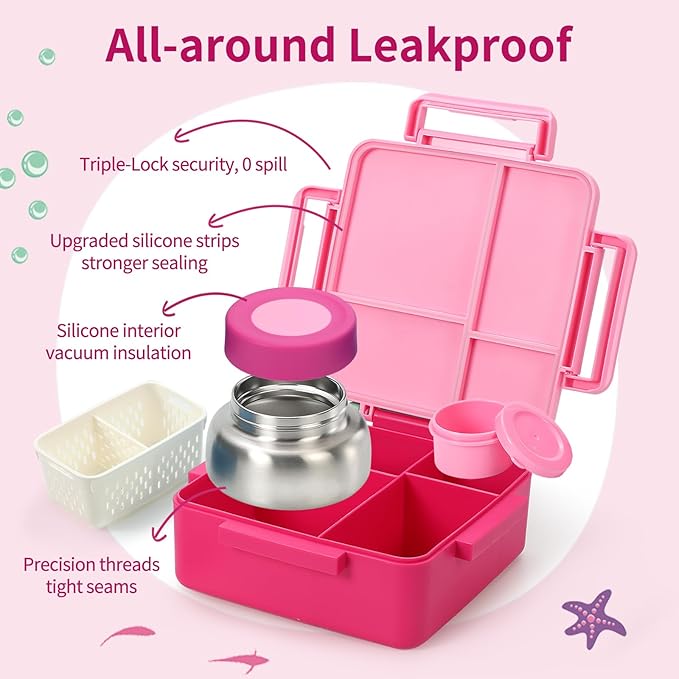 Bento Box for Kids with Thermos, [Large Capacity] Insulated Lunch Box Kids with 4 Compartment for Ages 3+, Drop-Proof & Dishwasher Safe Lunchbox Container Pink