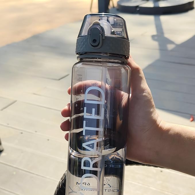 GOPPUS Water Bottles Clear Water Bottle with Straw 32oz Plastic Water Bottles BPA Free Tritan Wide Mouth Bottle Leakproof Motivational bottles water for Gym,Hiking,School or Office(1 Bottles)