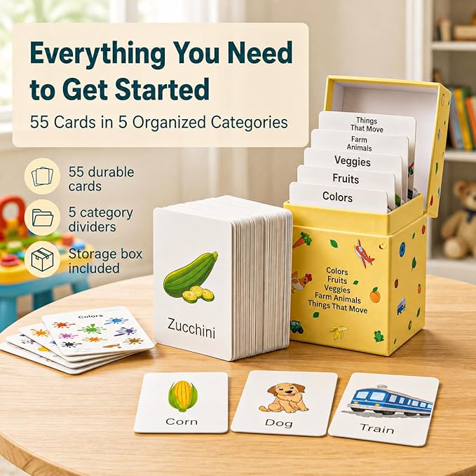 Flash Cards for Toddlers 1–3 – 55 Thick & Durable Learning Flashcards, First Words, Real-Life Images, Montessori Toy 12+ Months