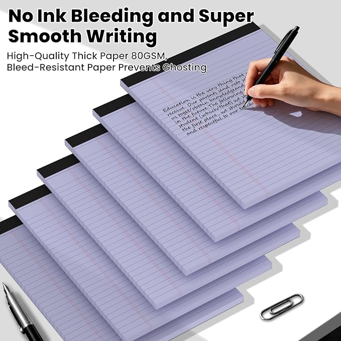 6pcs Legal Pads 8.5 x 11,Notepads 8.5 x 11 Inch, 30 Sheets/Pack, Purple Note Pads Clear Print Writing Pads of Paper, Perforate Wide Ruled Lined with Sturdy Back for Office, Business & School Supplies