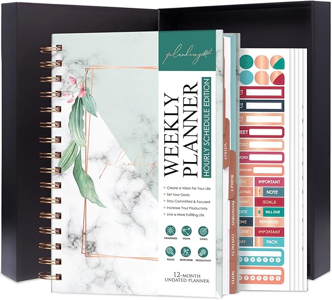 PLANBERRY Hourly Schedule Planner Premium – Undated Weekly Organizer with Time Slots & Monthly Budget – Time Management, Goal Setting, To-Do List & Habit Tracker –6.9″x8.5″(Natural Green)
