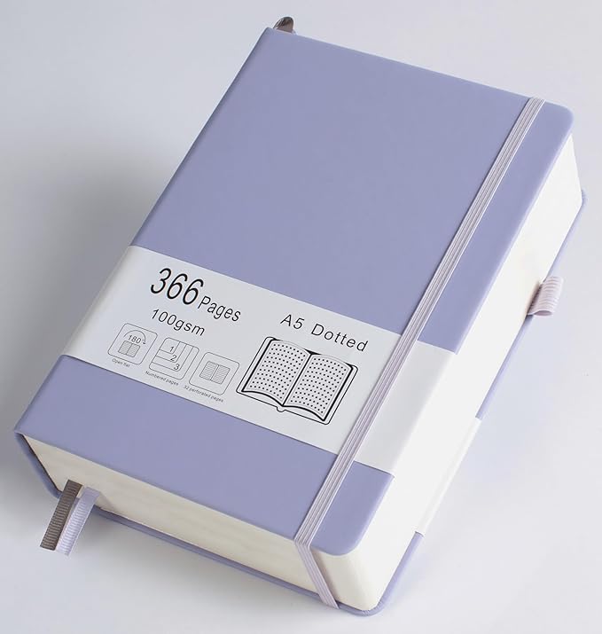 Thick Bullet Notebook with 366 Numbered Pages, A5 Dotted Journal for Writing with 100GSM Dot Grid Paper, Hardcover Leather Notebooks for Women Men School Note Taking Work Diary, 5.7"x8.3" Lavender