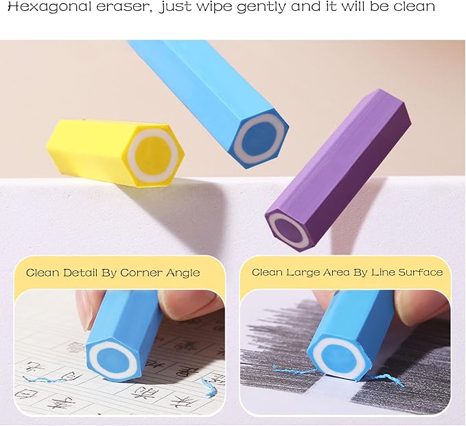 YuBoBo 12-Pack Hexagonal Colorful Erasers for Students- Easy Grip, Low Dust & Bright Colors - Perfect for School, Office, Art Supplies