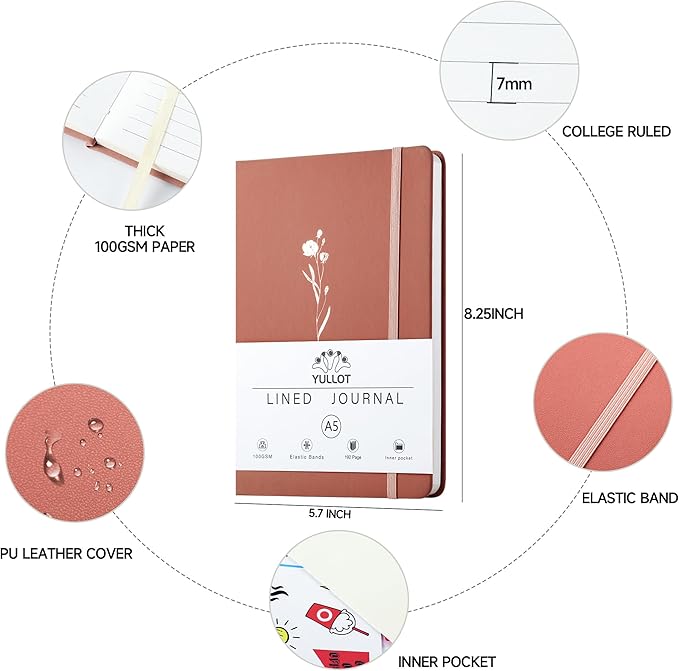 Lined Journal Notebook –A5 PU Leather Hardcover Notebook, 100gsm Thick Bleedproof Paper with Inner Pocket – 192Pages Lined Writing Journal for Students Women Note Taking - Clay Pink