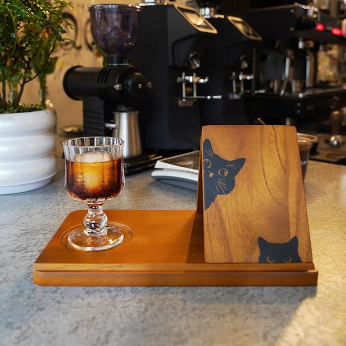 Wooden Book Stand, Triangle Book Holder, Small Bookshelf, Black Cat Book Rest with Cup Holder, for Reading or Desktop Decoration, Coffee and Book Lovers Father's Day Gifts for Dad & Husband
