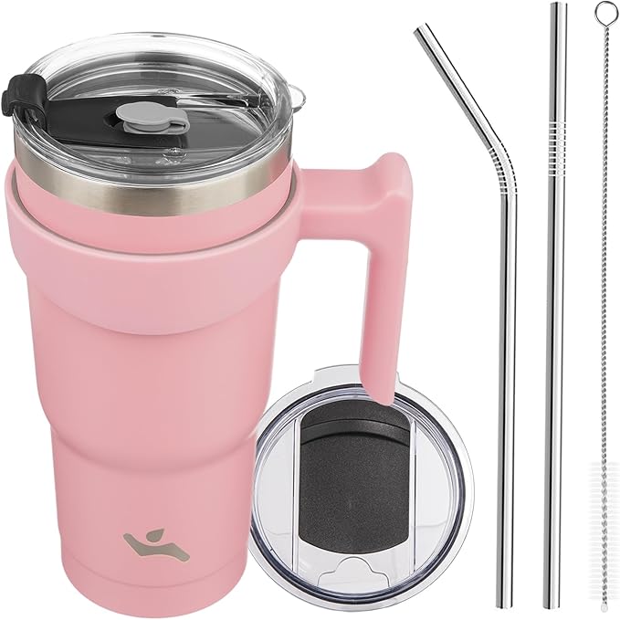 Konokyo 20 oz Tumbler with Handle and 2 Straw 2 Lid, Insulated Water Bottle Stainless Steel Vacuum Cup Reusable Travel Mug, Light Pink