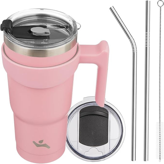 Konokyo 20 oz Tumbler with Handle and 2 Straw 2 Lid, Insulated Water Bottle Stainless Steel Vacuum Cup Reusable Travel Mug, Light Pink