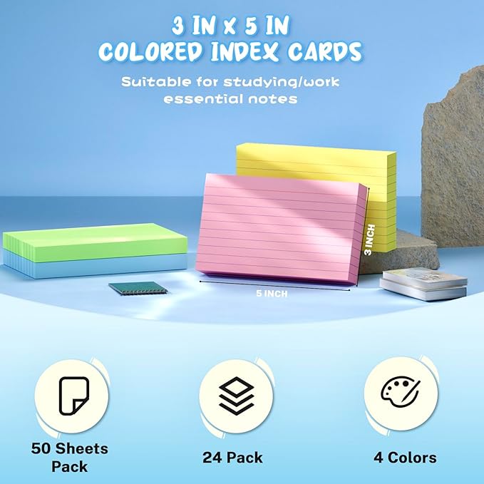 Colored Index Cards 3x5, 1200 Pcs Ruled Colored Flash Cards for Studying, 4 Bright Notecards 3x5 Lined, 50 Per Color 3 x 5 Flashcards Recipe Cards, Lined Note Cards for School, Office and Home