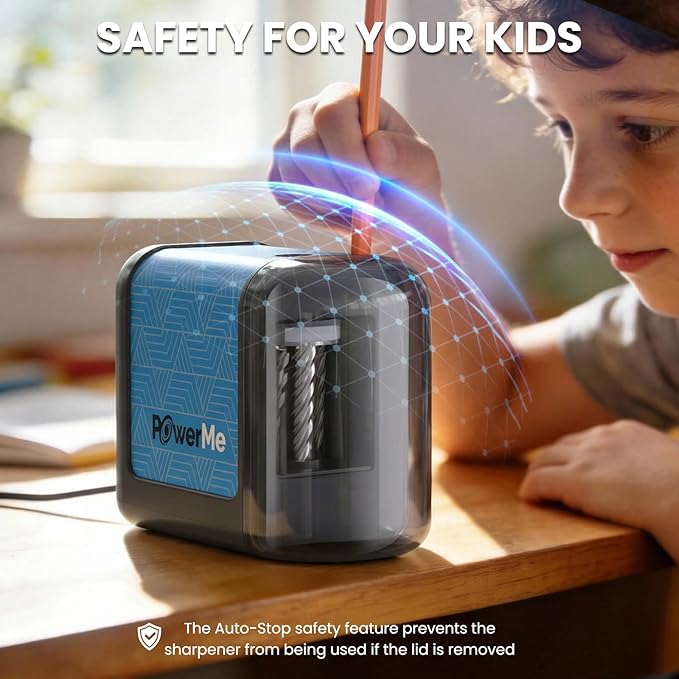 POWERME Electric Pencil Sharpener for Kids, Rechargeable Pencil Sharpeners for Colored Pencils, Suitable for No.2(6-8mm), Home&School