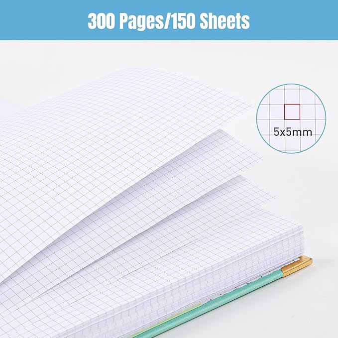 Graph Paper Notebook, 8.5" x 11" Spiral Notebook, 300 Page Hardcover Graphing Notebook for School, Leather Notebooks for Work, Engineering, Thick Large A4 Grid Notebook, 5 Squares, 24Pcs Tabs, Teal