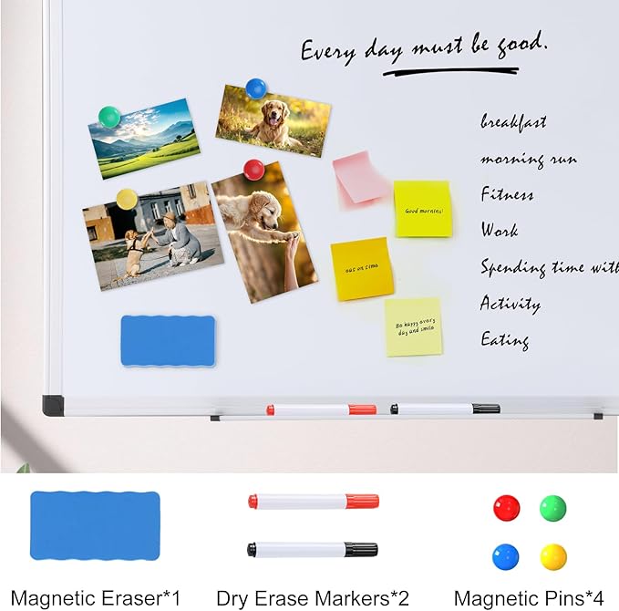 OLIXIS White Board, Dry Erase Board for Wall 36" x 24", Whiteboard with 1 Dry Eraser & 2 Multicolor Markers & 4 Magnetic Pins, Aluminium Frame for Home, School, Office, White
