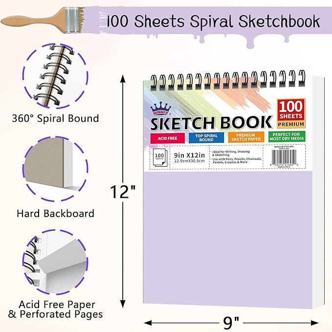 WINNER 9" x 12" Sketch Book 4 Pack, 400 Sheets Spiral Bound Art Sketchbook, 68lb/100gsm White Acid Free Drawing Pad, Sketching Drawing Writing Sketch Pad for Kids, Adults, Art Supplies for School