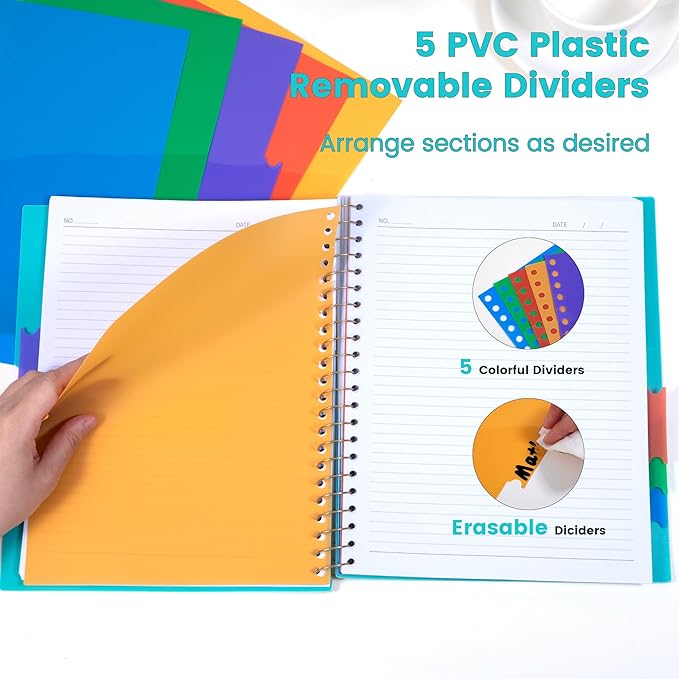 CAGIE Spiral Notebooks for School Work with Removable Dividers Tabs, 8.5” x 11” 5 Subject Notebook College Ruled, Large Lined Journaling Notebook for Women Men Writing, Teal