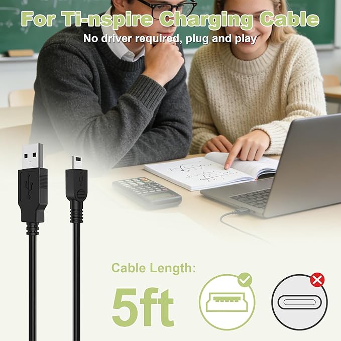 TI-84 Plus CE Calculator Charger: TI 84 Nspire Charging Cable - TI84 Graphing Calculator Charger Cord for Texas Instruments C Silver Edition Ti-nspire CX CAS II C TI-83 TI-85 TI-89 Data Cable (5ft)