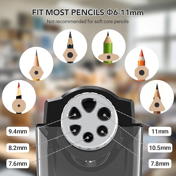AFMAT Electric Pencil Sharpener for Classroom, 6 Holes, Cordless & Rechargeable, Super Fast, Auto Stop, 10K+ Uses, Heavy Duty Pencil Sharpener for 6-11mm No.2/Large/Colored Pencils PSD4(Black)
