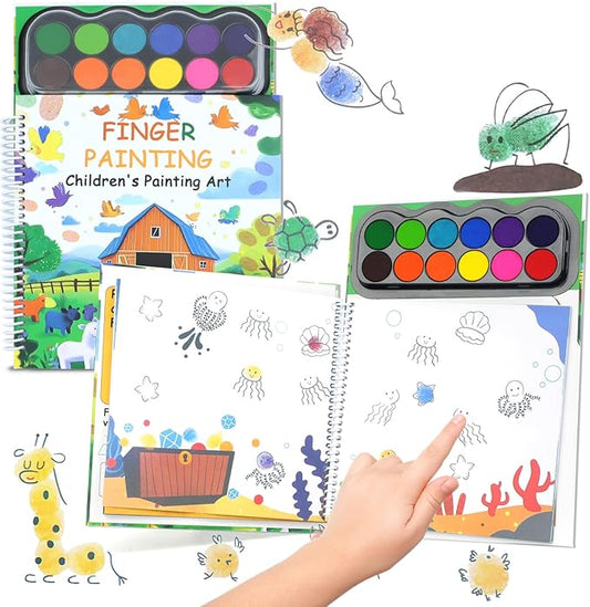 Finger Paint Coloring Book for Kids, Hardcover Travel Finger Paint Kit Include 12 Colors Ink Pad Finger Painting Activity Book, Portable Sensory Activity Develops Creativity, Travel Busy Book for Kids