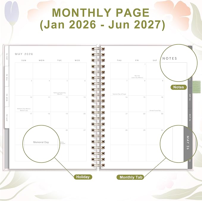 And Per Se 2026 Planner, A4 Size-Daily, Weekly & 18-Monthly Planner, Daily Schedule, Monthly Tabs, 100 GSM Thick Paper(Botanical Floral)