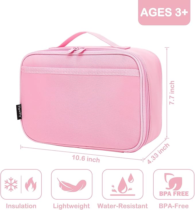 FlowFly Kids Lunch box Insulated Soft Bag Mini Cooler Back to School Thermal Meal Tote Kit for Girls, Boys, Pink