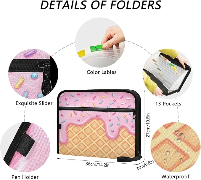 Ice Cream Pink 13 Pocket File Organizer Expanding File Folder with Front Pouch Portable Business File Storage Document Organizer Folder with Zipper