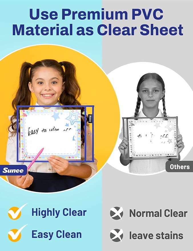 SUNEE 50 Packs Oversized Reusable Dry Erase Pocket Sleeves with 3 Rings, 10 Assorted Colors 10x14 Ticket Holders, Clear Plastic Sheet Protectors, Teacher School Classroom Supplies