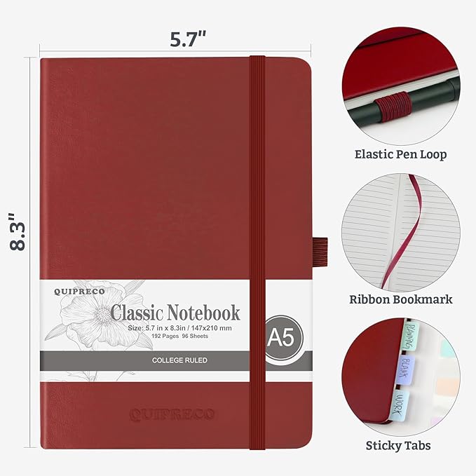 2Pack Lined Hardcover Journal Notebook, A5 192 Pages 100Gsm Thick Paper College Ruled for School,Note Taking,Work,Diary，5.7''*8.3'',Burgundy