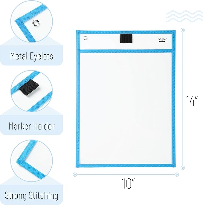 Mr. Pen- Reusable Dry Erase Pocket Sleeves, 10" x 14", 6 Pack, Ocean Breeze Color, Clear Plastic Paper Sleeves, Ticket Holders, Clear Plastic Sheet Protectors, Teacher, School, Classroom Supplies